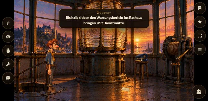 Dieselbe Spielwelt auf dem Smartphone im Querformat: der Laternenraum mit großen Knöpfen am Rand